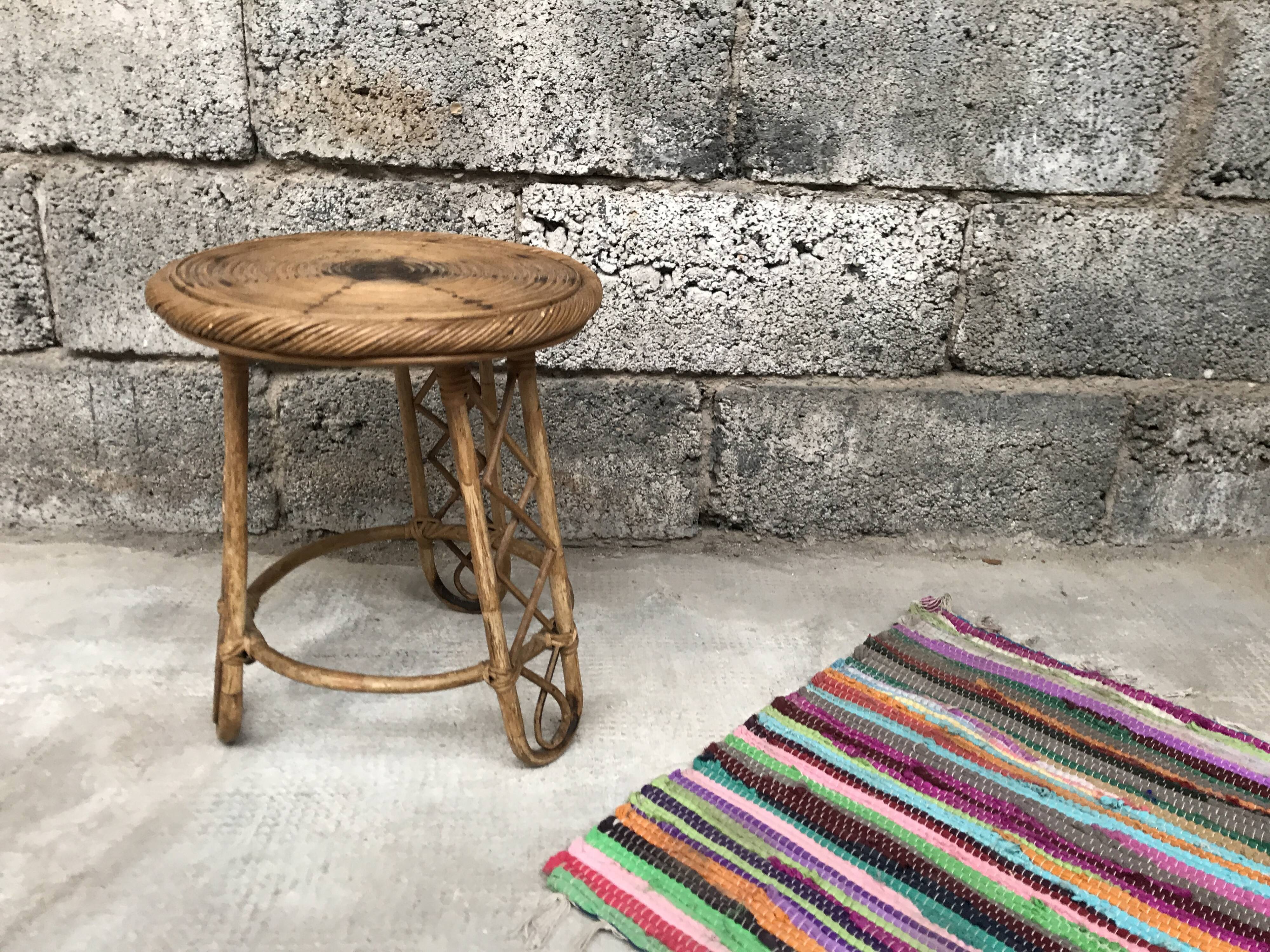 Bamboo stool 50s Decoration natural wood rattan wicker Vintage Plant Door