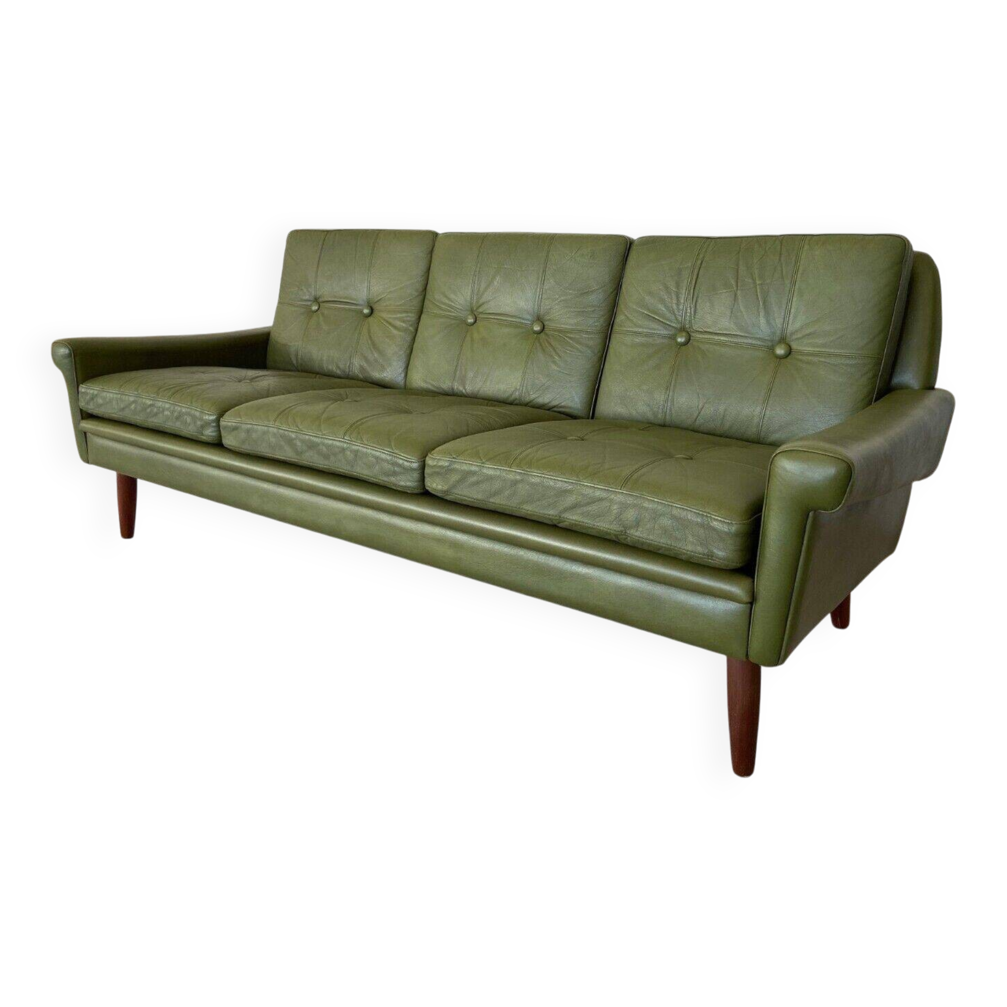 Canapé 3 places Svend Skipper vintage danois rétro en cuir vert olive