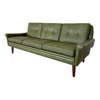 Canapé 3 places Svend Skipper vintage danois rétro en cuir vert olive
