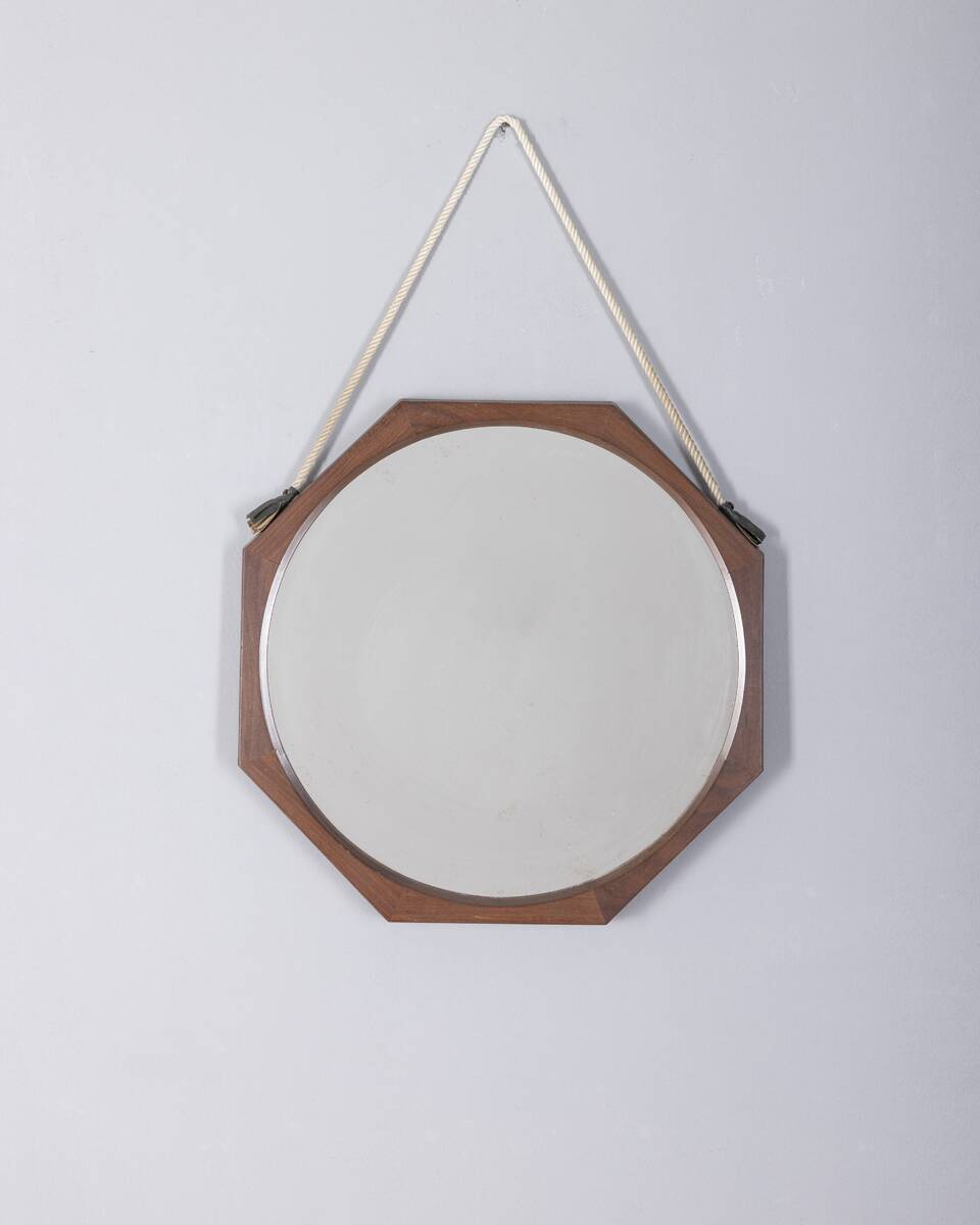 Vintage 1970s wall mirror in wood and rope, Italian design