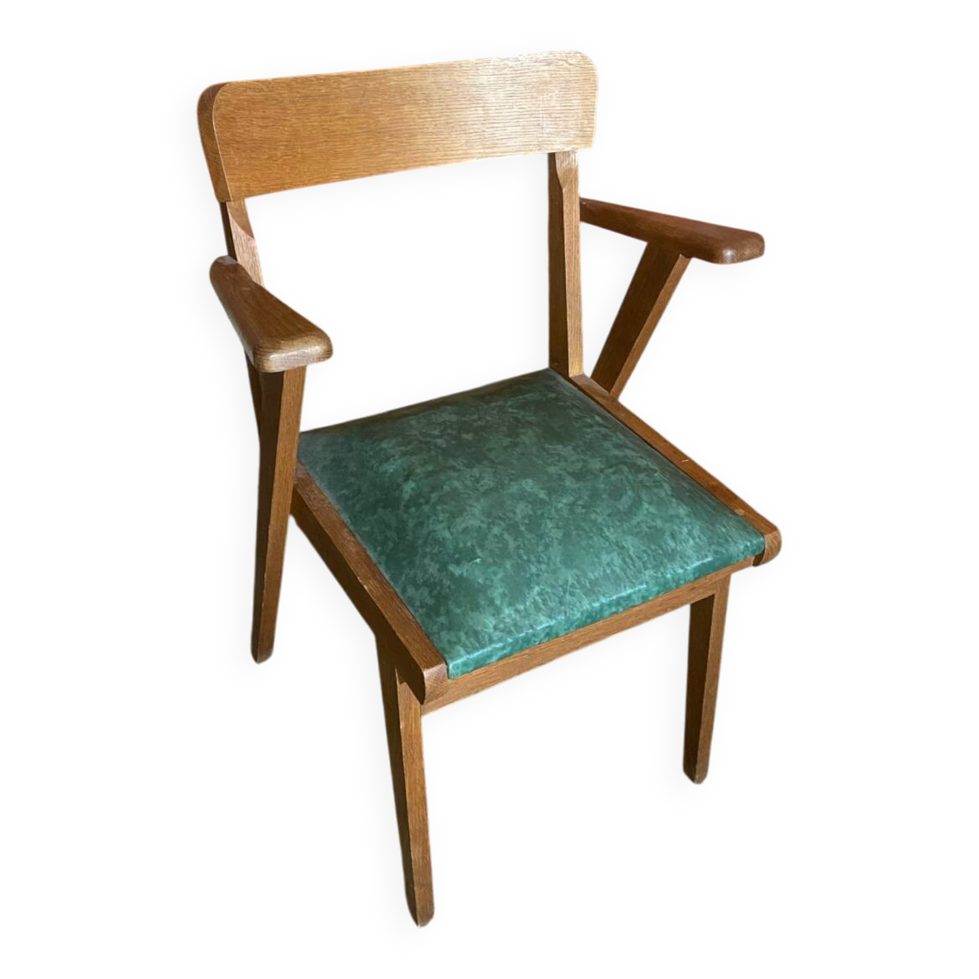 Fauteuil Bridge Ancien Pieds Compas & Skaï Vert Années 1960 Vintage #D