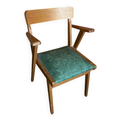 Fauteuil Bridge Ancien Pieds Compas & Skaï Vert Années 1960 Vintage #D
