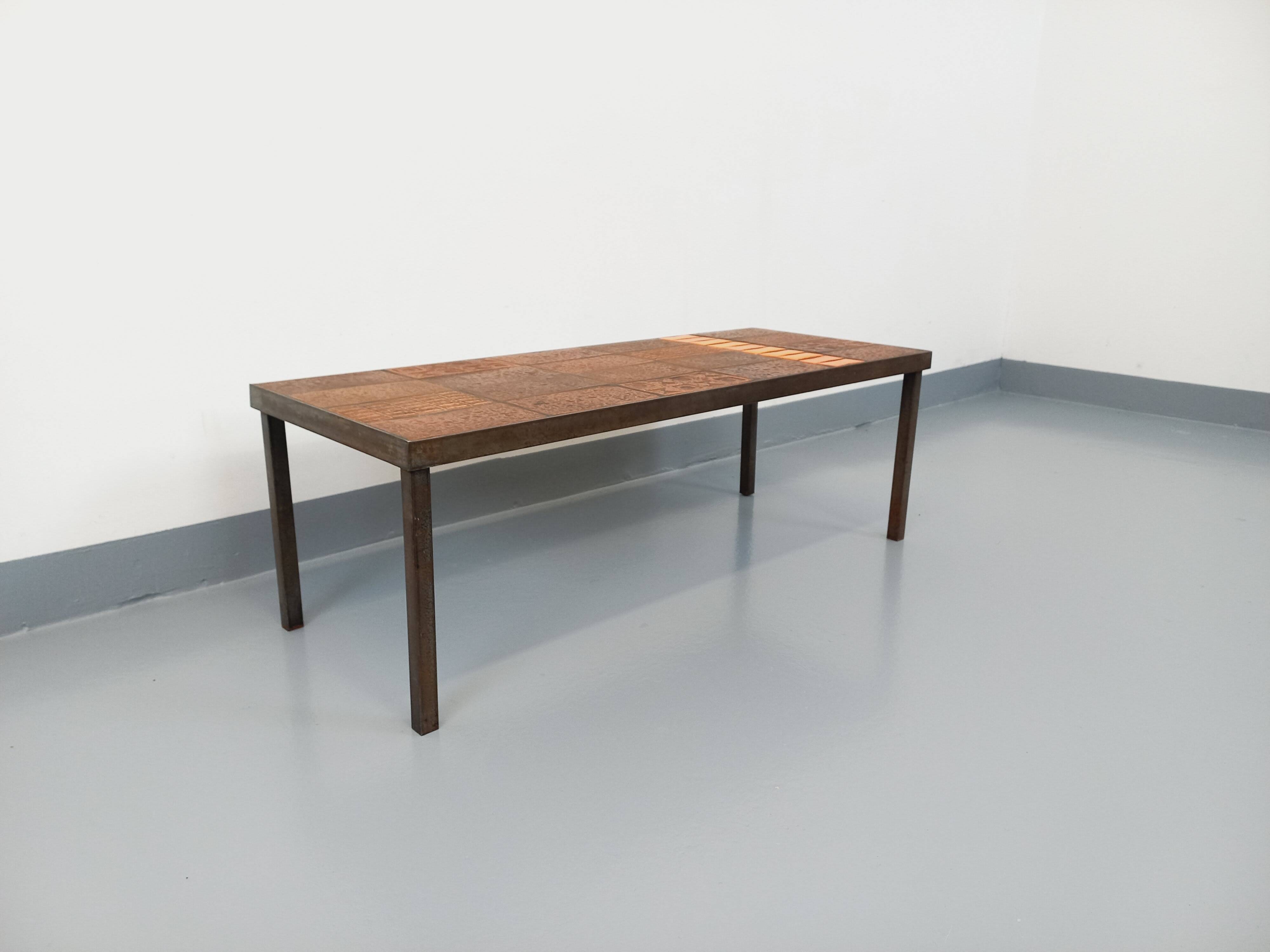 Vintage rectangular coffee table by Jean Jaffeux in steel and ceramic from the 60s