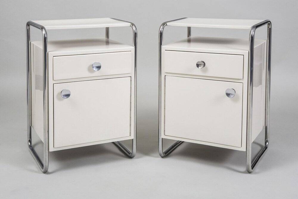 Bauhaus Bedside Tables in Chrome & Wood by Sab, Czech, 1930s, Set of 2