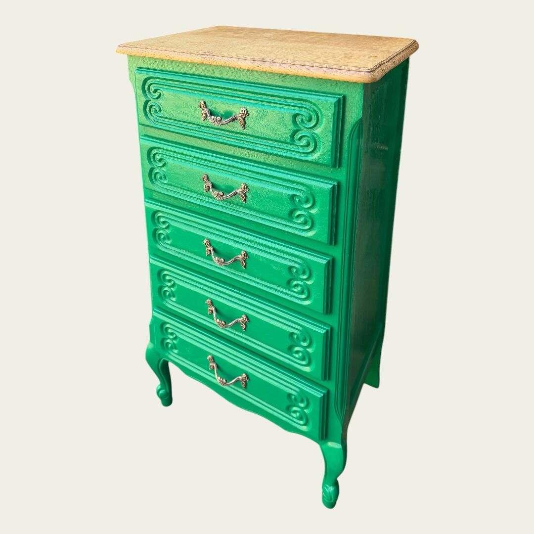 Vintage green oak chest of drawers from the 1960s.