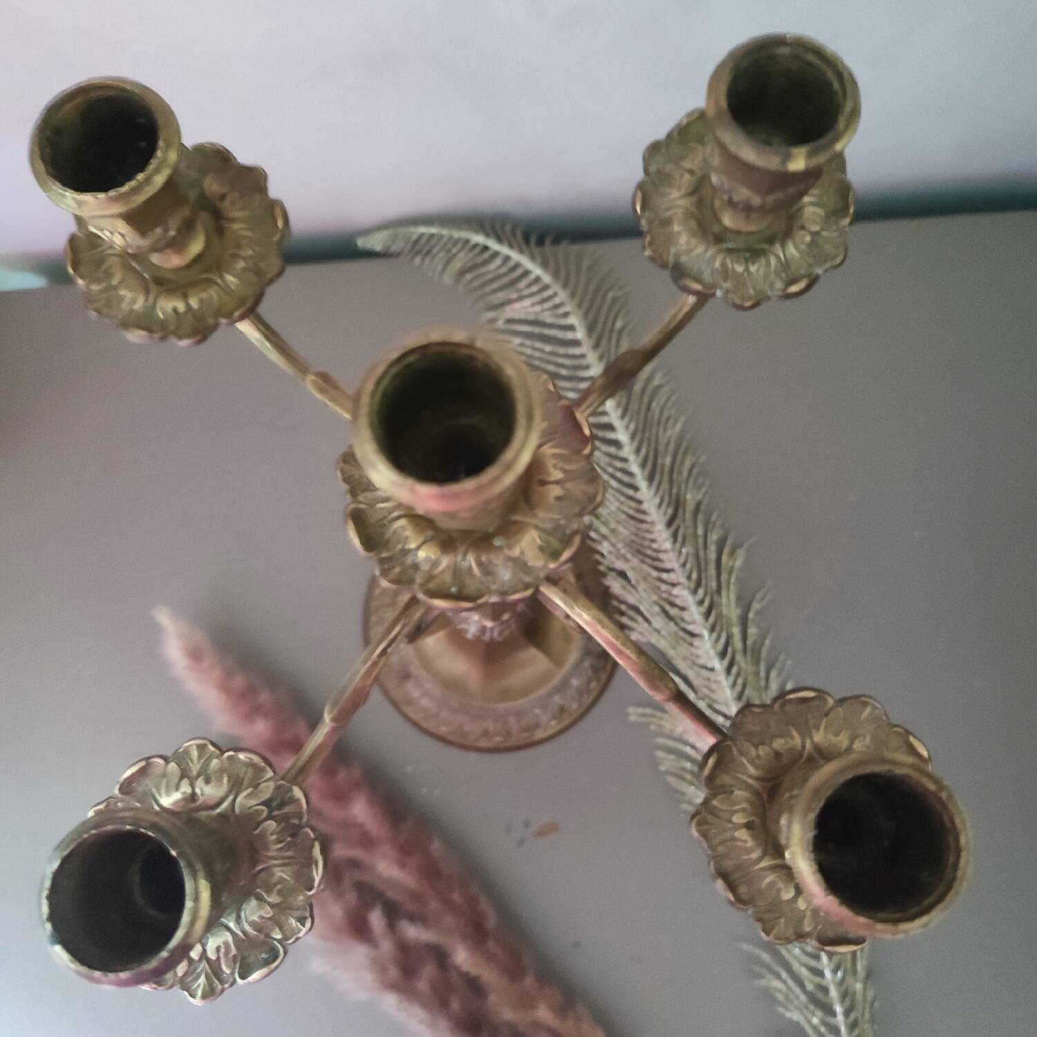 Antique 4-branch candlestick or candelabra in engraved spelter