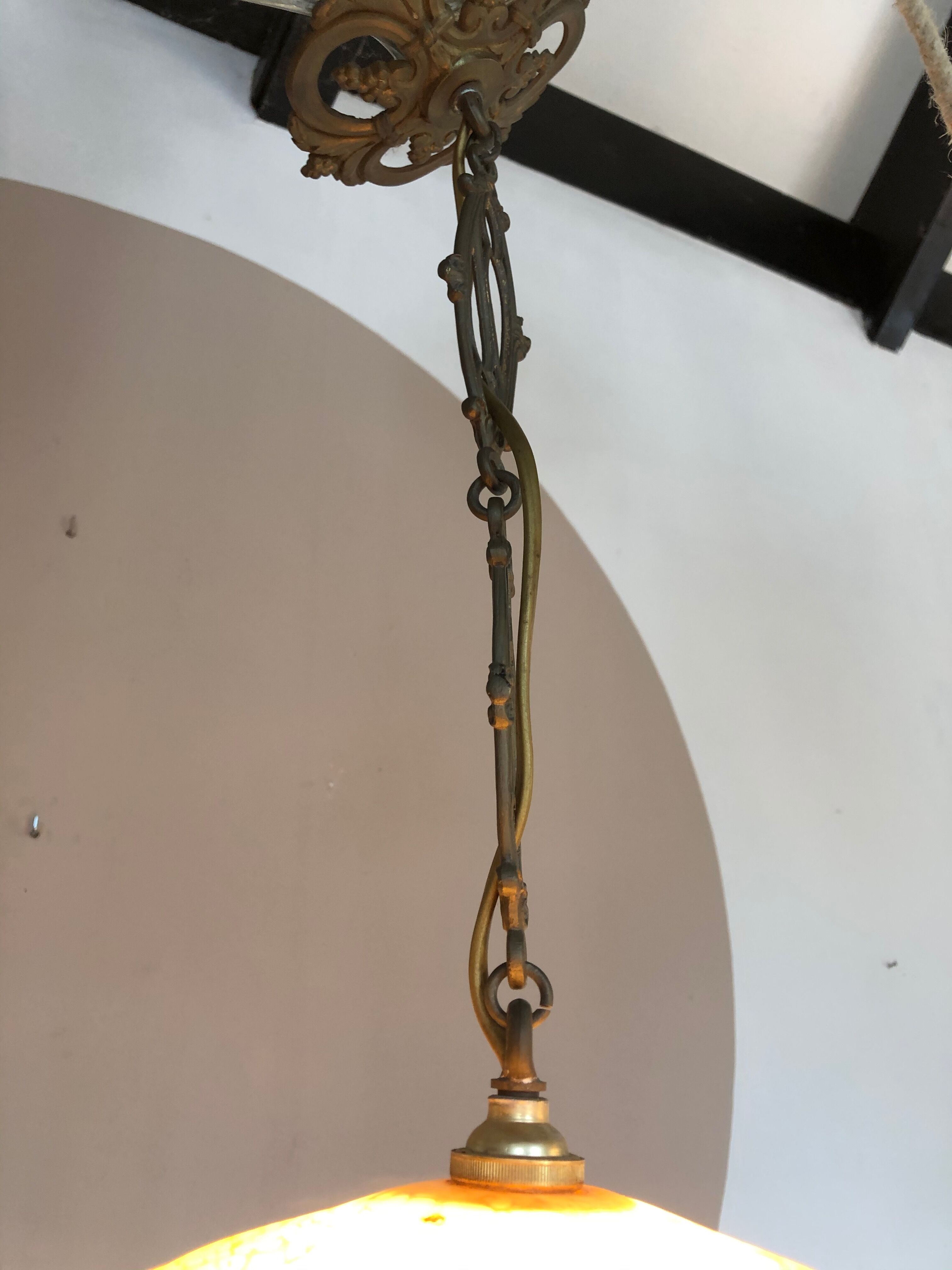 Orange ochre coloured antique glass hanging lamp