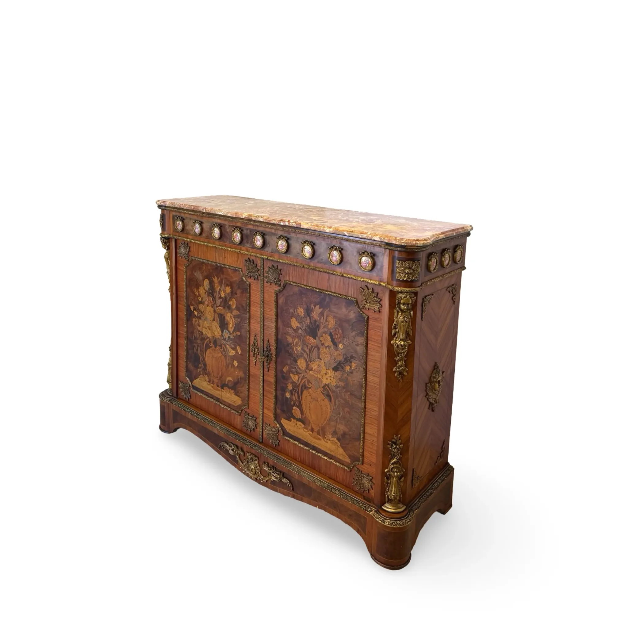 An antique French Louis XVI-style marble-top side cabinet