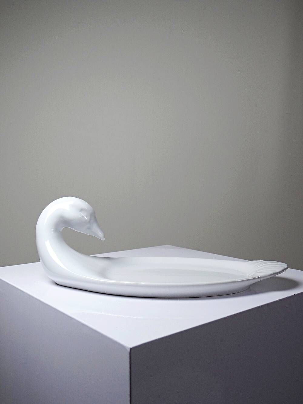 Vintage white faience foie gras platter in the shape of a goose, 1970s.