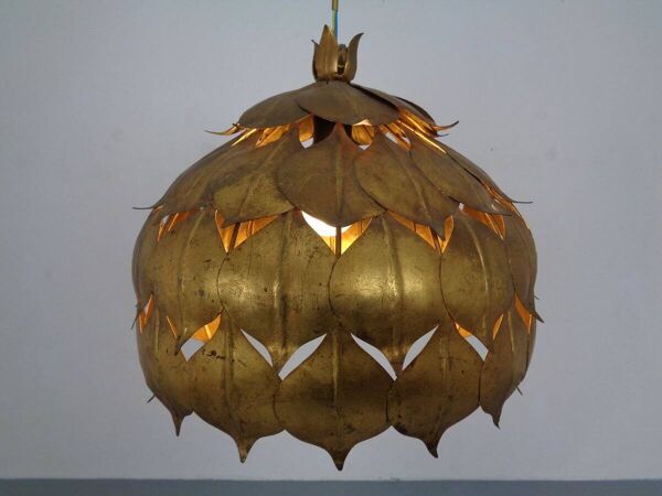 Large French Brass Lotus Ceiling Lamp, 1940s