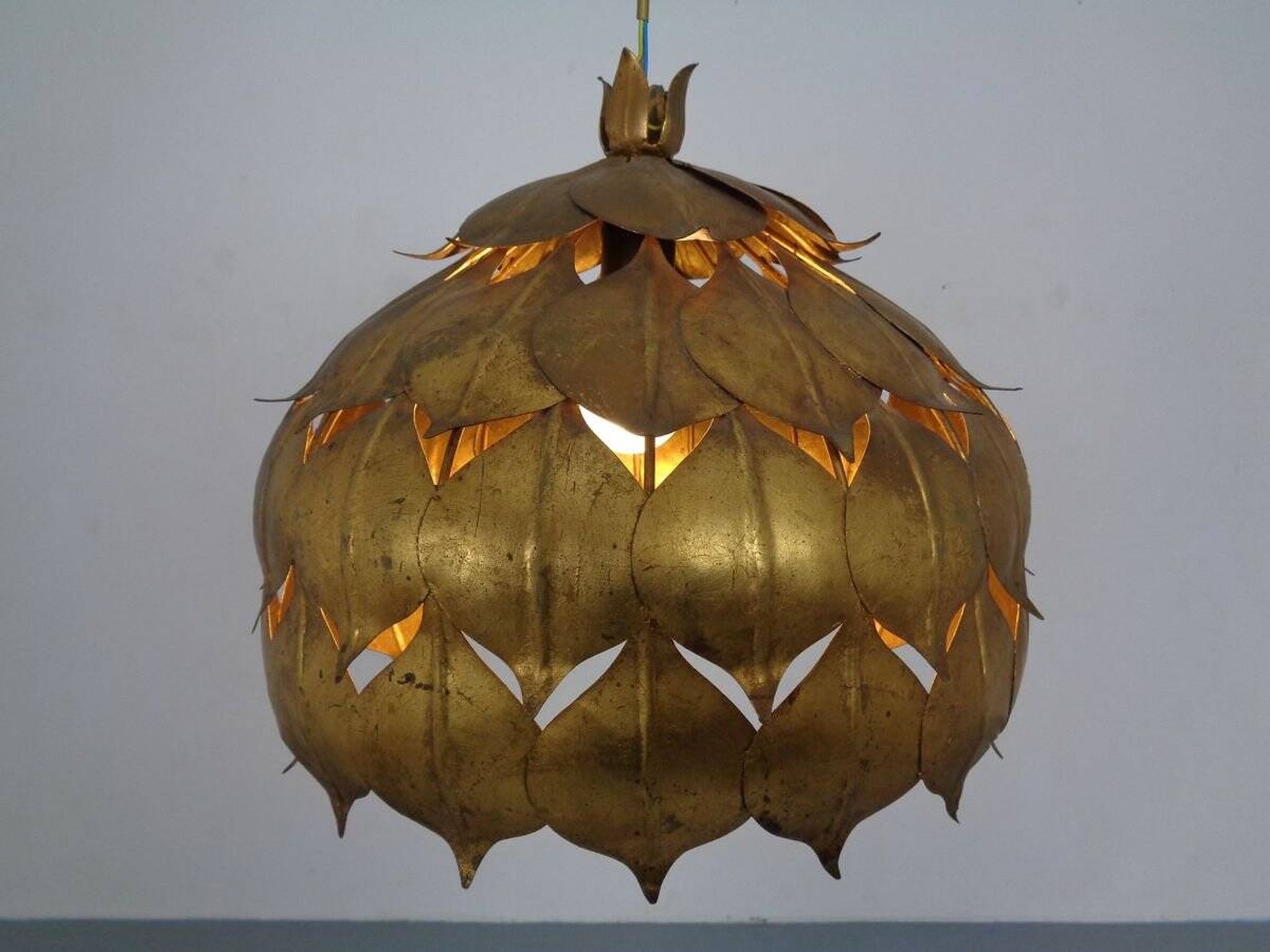 Large French Brass Lotus Ceiling Lamp, 1940s