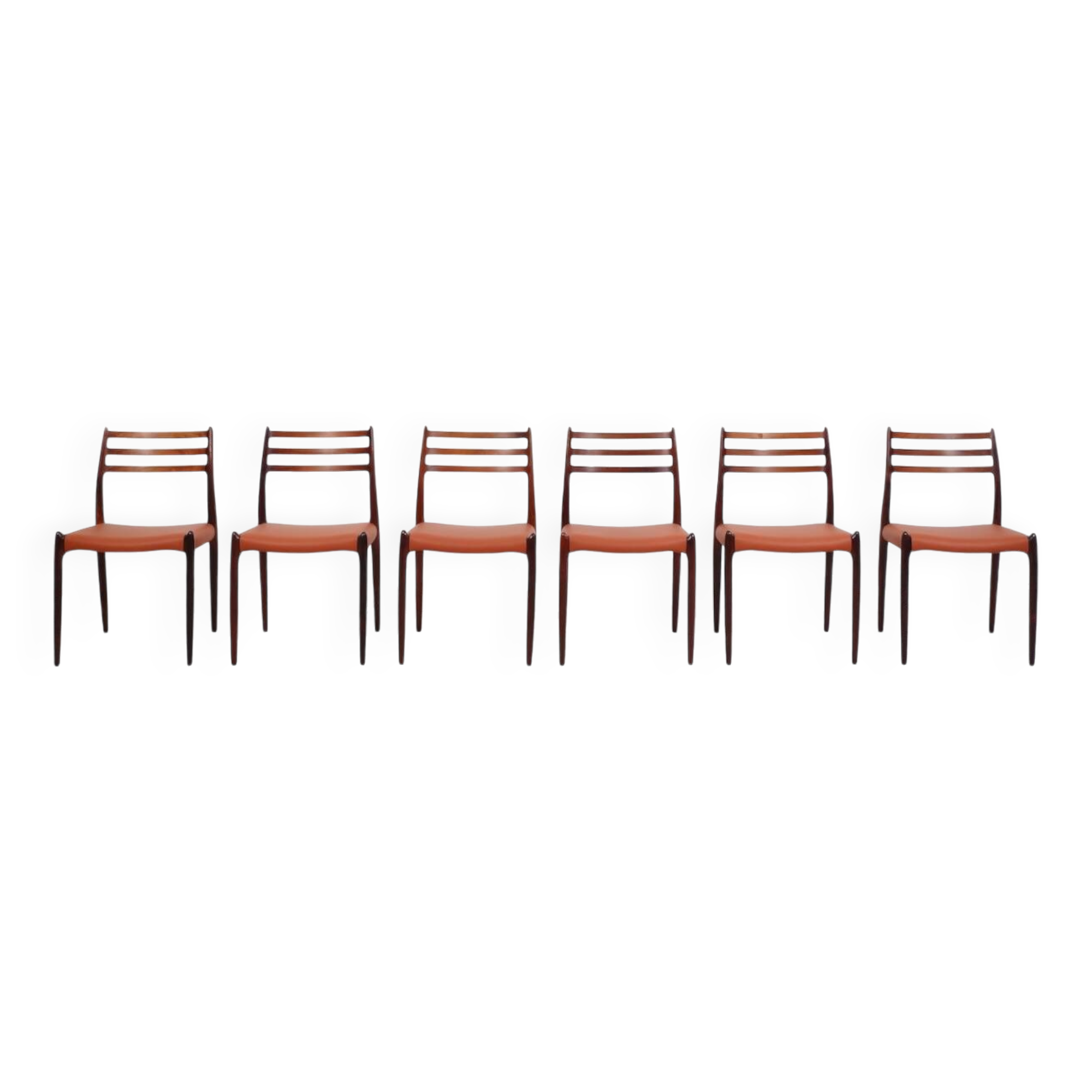 Set of 6 Niels Moller „Model 78“ rosewood dining chairs with cognac leather