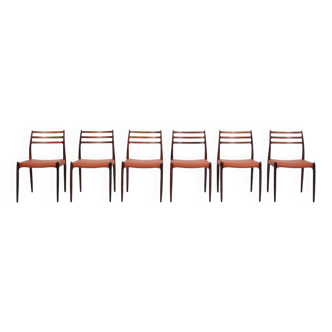 Set of 6 Niels Moller „Model 78“ rosewood dining chairs with cognac leather