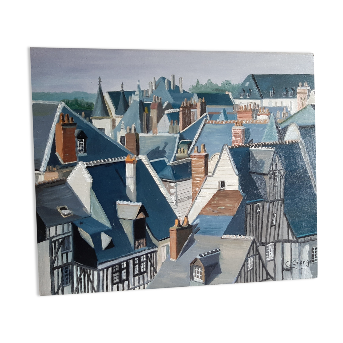 Oil on canvas "the roofs of old tours" by c.grange
