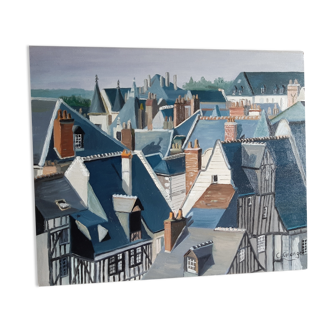 Oil on canvas "the roofs of old tours" by c.grange