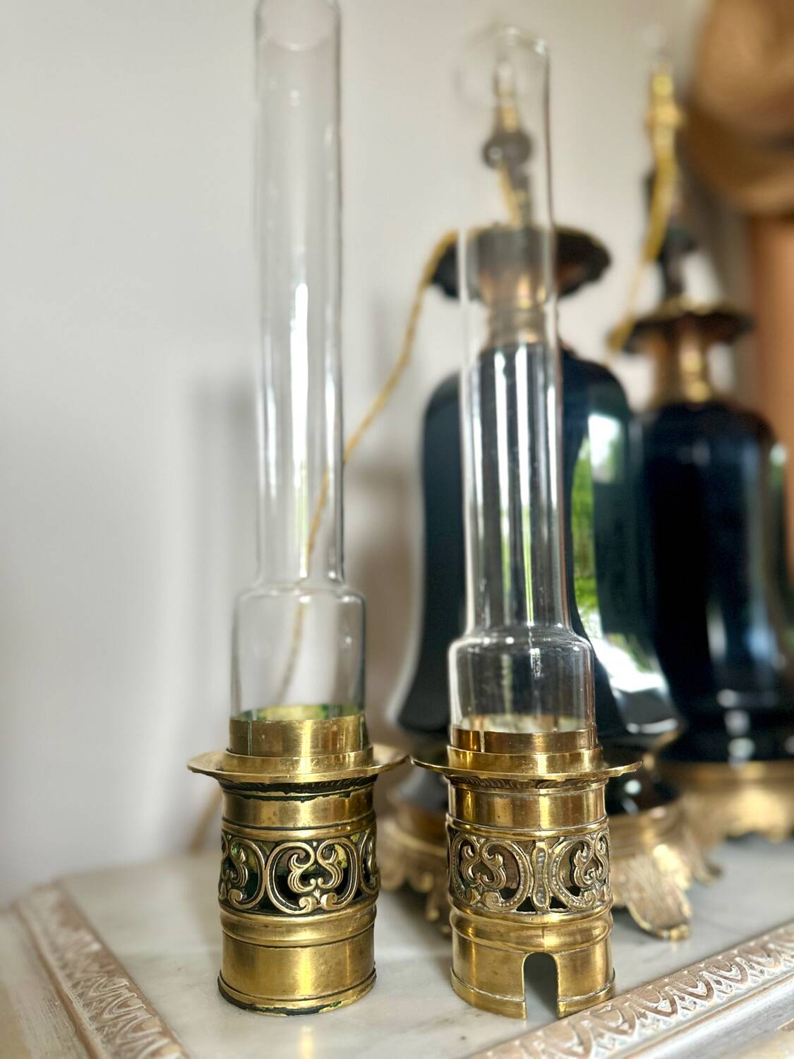Pair of Napoleon III bronze and glass lamps