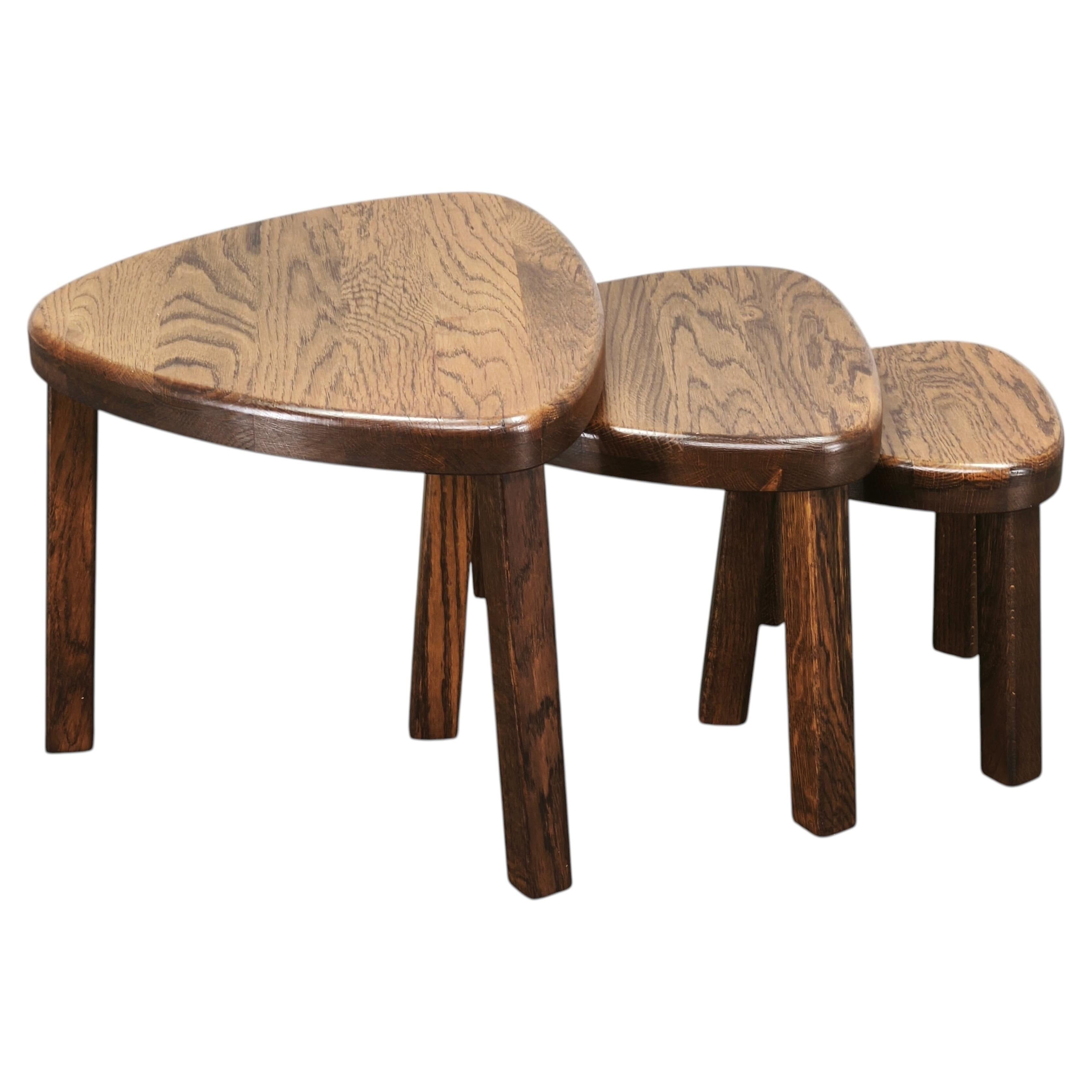 1960s Czechoslovak Mid-Century Solid Oak Nesting Tables, Set of Three