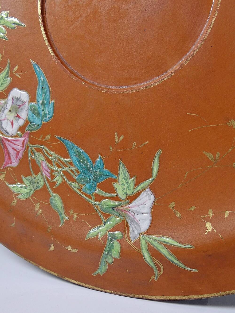 Large old clay/terracotta dish with Japanese Art Nouveau enamel