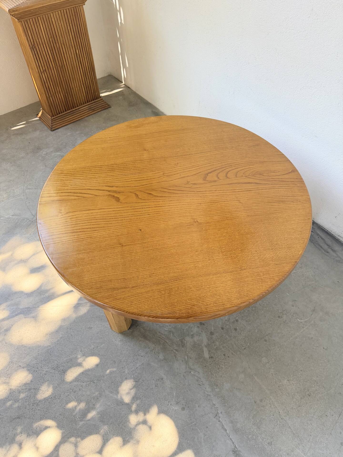 1950s round tripod oak coffee table