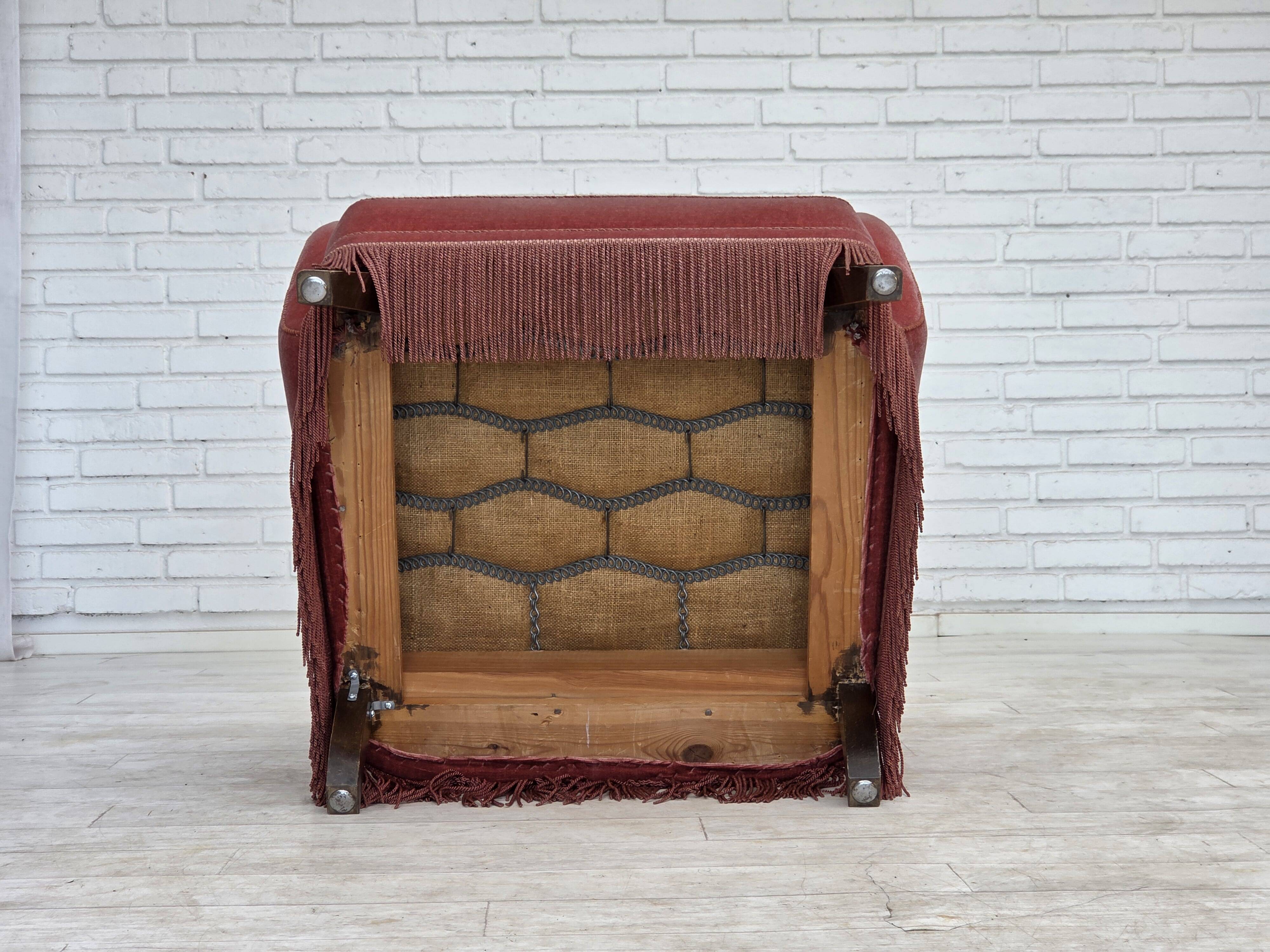1970s, Danish armchair, salmon pink furniture velour, oak wood legs.