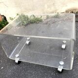 Plexiglas coffee table on wheels year 70