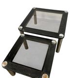 Set of 2 vintage nesting tables: wood and smoked chrome