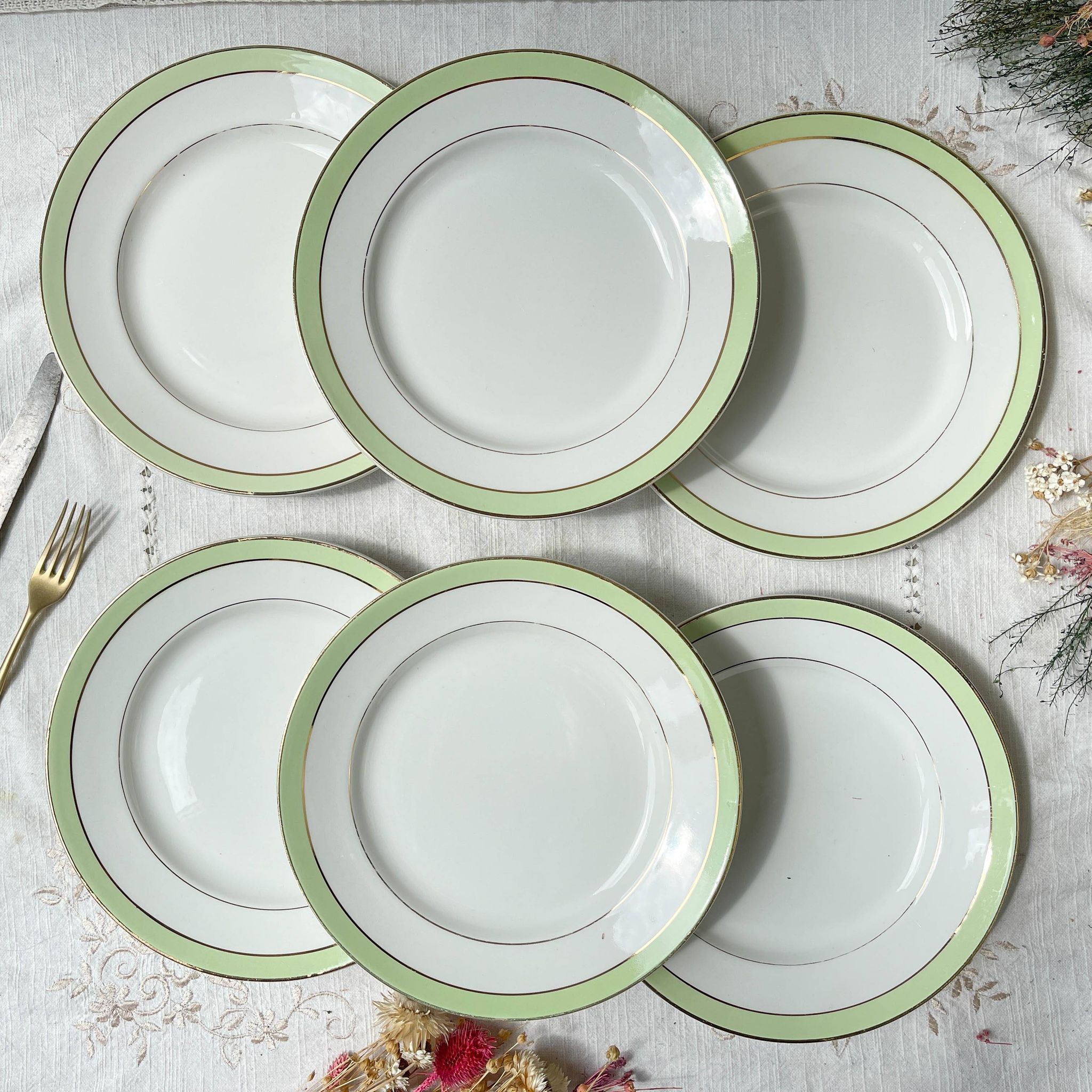 6 Vintage French Orchies "VILLARS" dinner plates 1950 white green gold