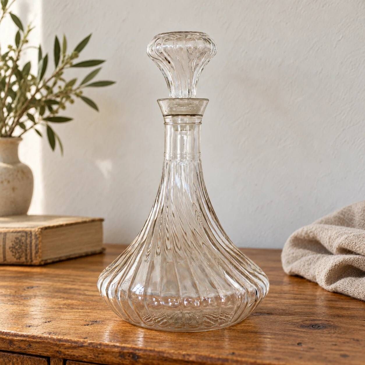 Vintage twisted glass carafe with stopper – H 31 cm
