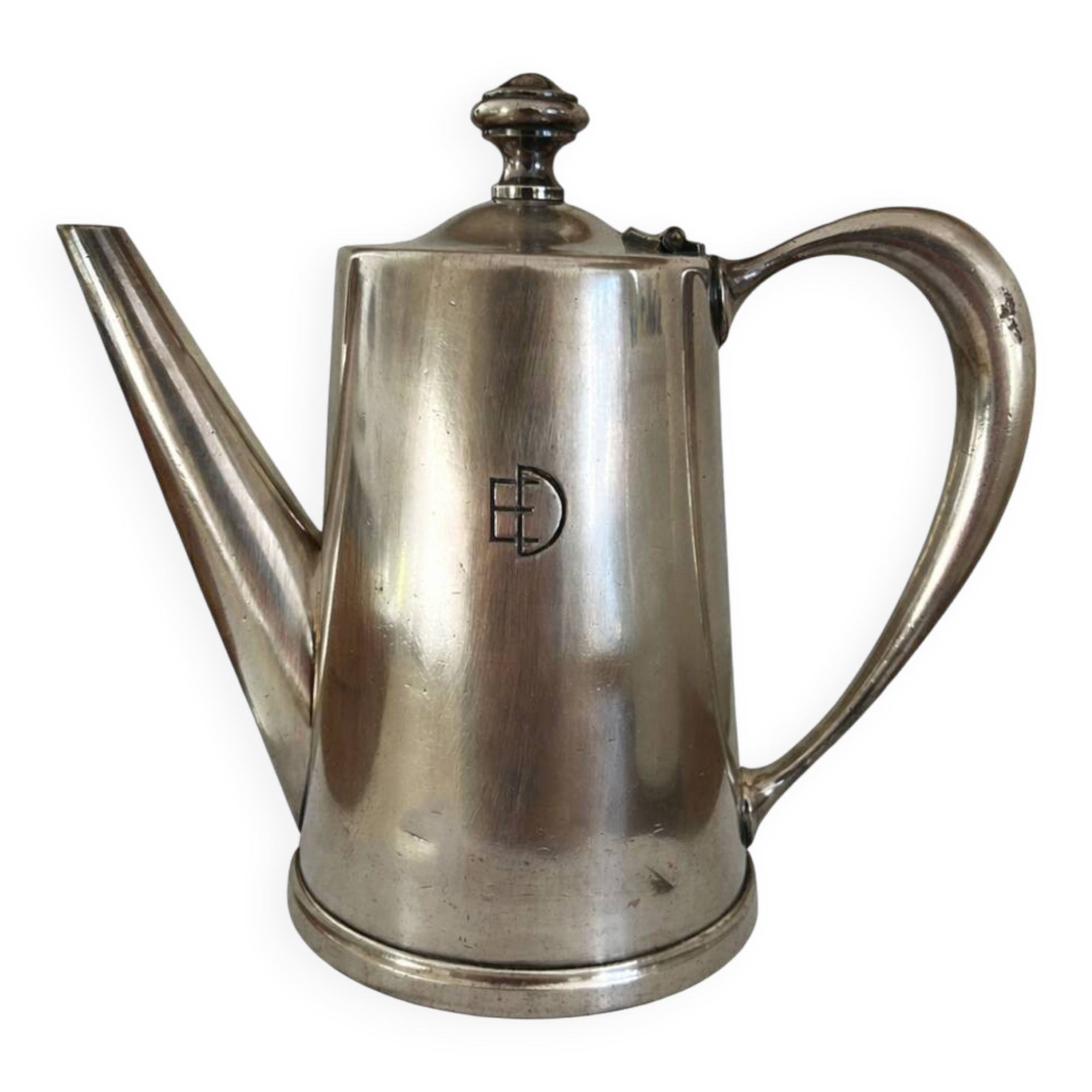 Antique Art Deco coffee pot in silvered white metal, circa 1930. Beautiful.