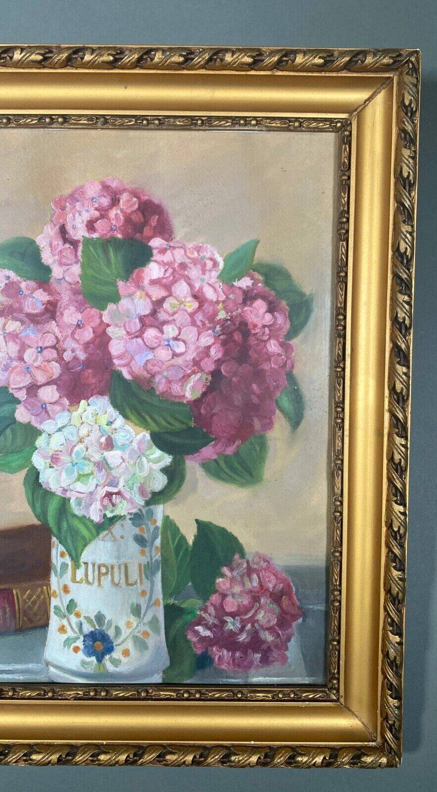 20th century still life watercolor bouquet of hydrangeas in a golden frame