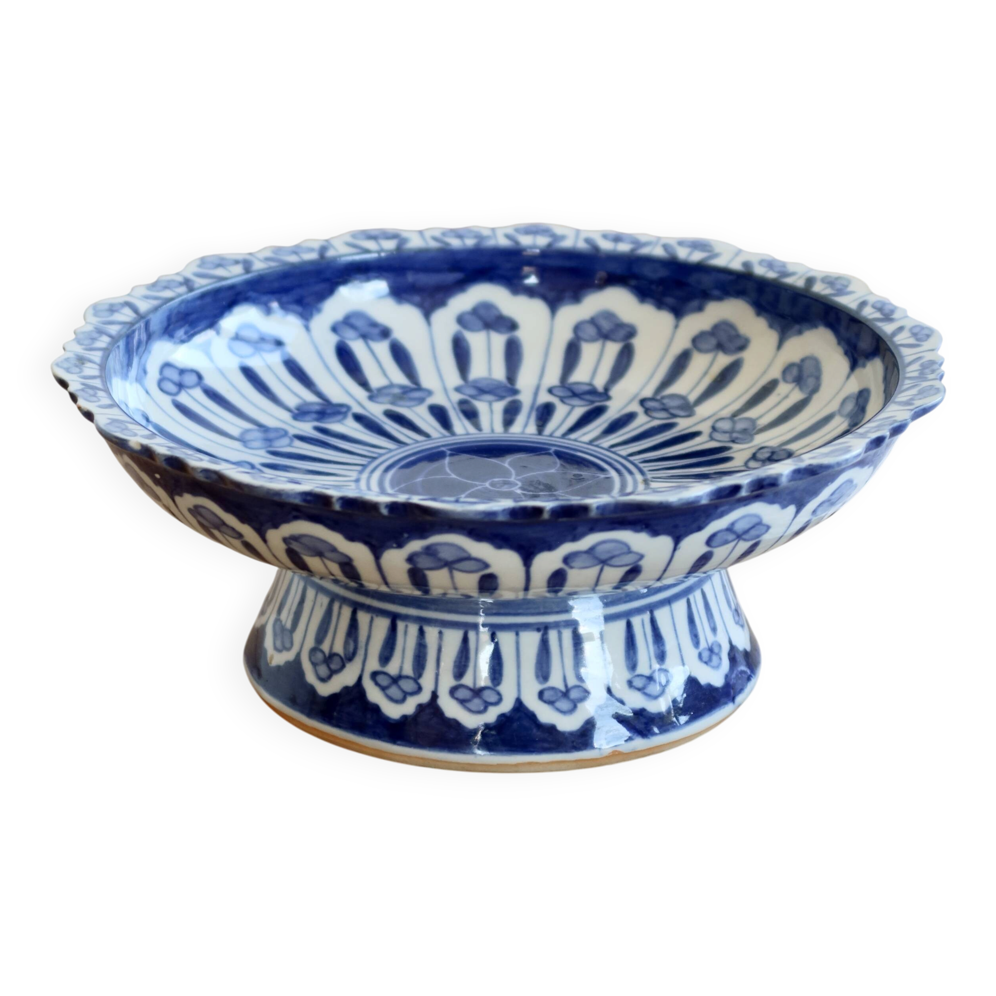 Coupe sur pied vintage faïence bleu et blanc style Delft – Motif Thailand