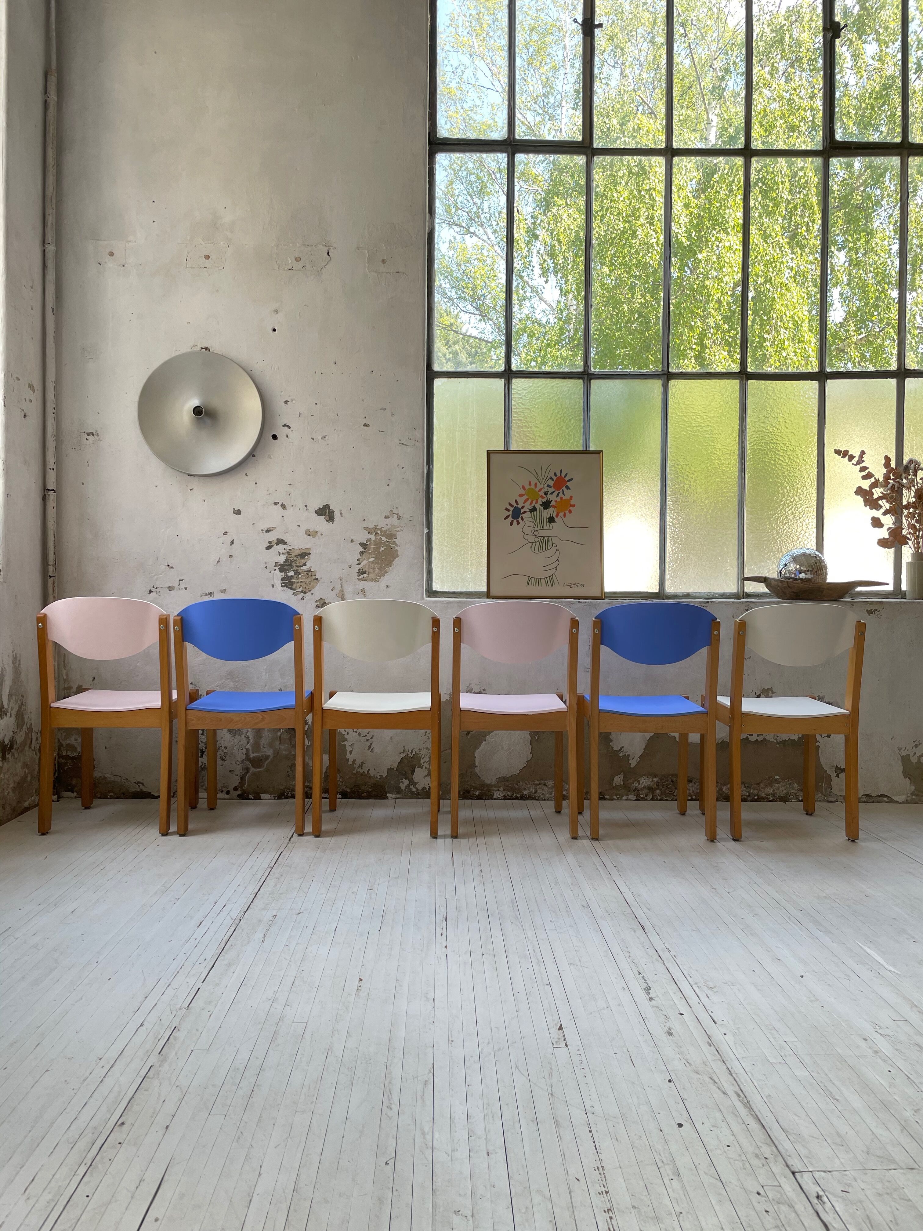 6 colorful 80s beech chairs