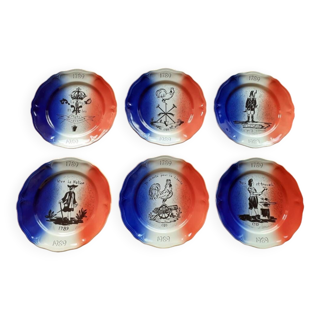 Assiette Ancienne Bicentenaire Révolution Française - Porcelaine Arcopal Bleue - Motif Drapeau