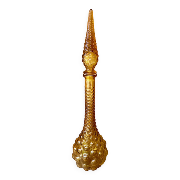 Carafe italienne Empoli marron ambré en verre bullé années 70.