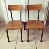 Duo of brown child school chairs