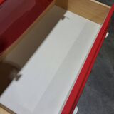 Vintage ladekast met rood roze kunststof lades 1970