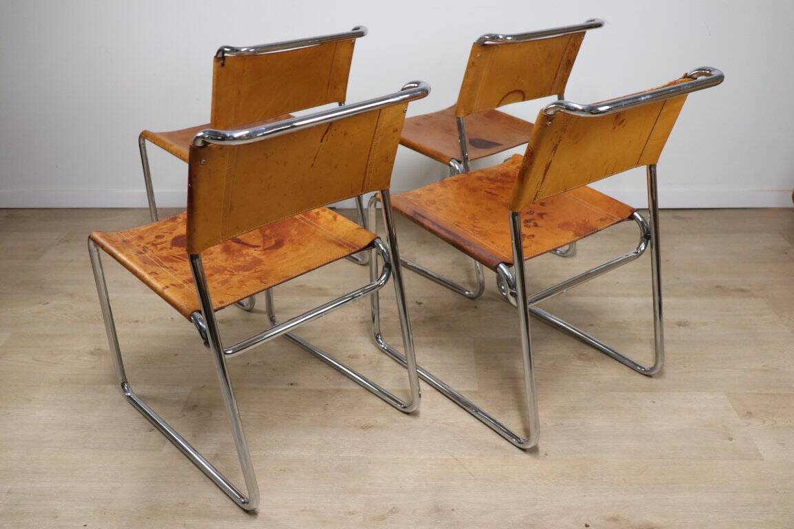 Set of 4 vintage leather and chrome metal chairs, 1970