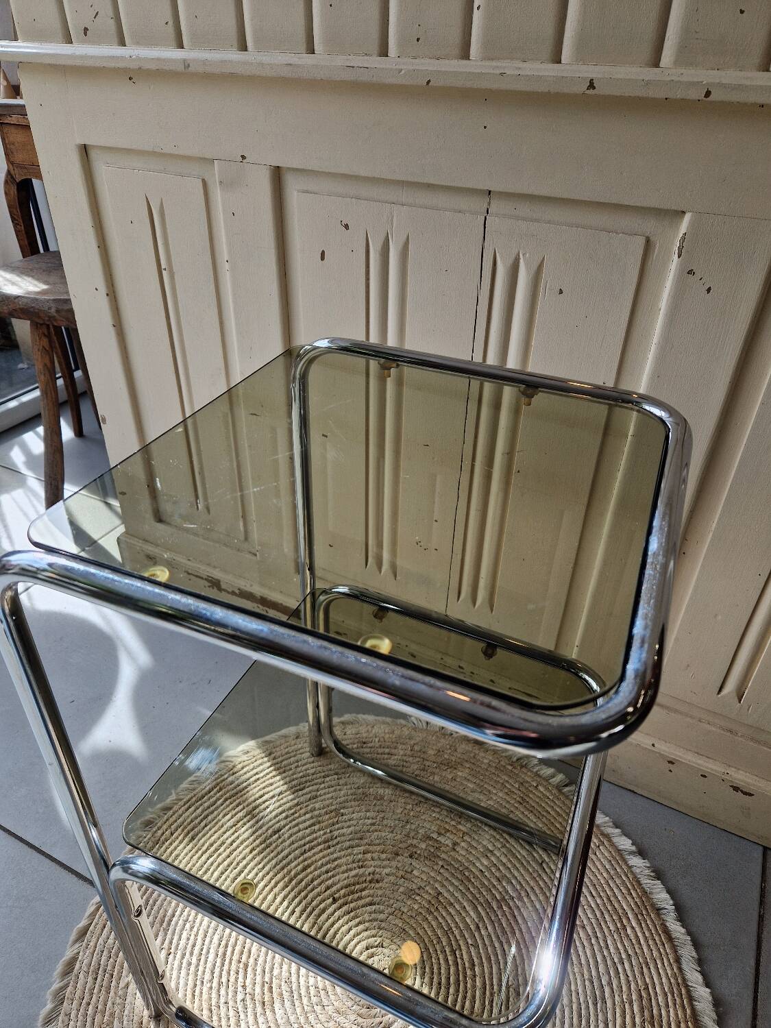 Side Table End Table Nightstand in Chrome Metal Tempered Glass