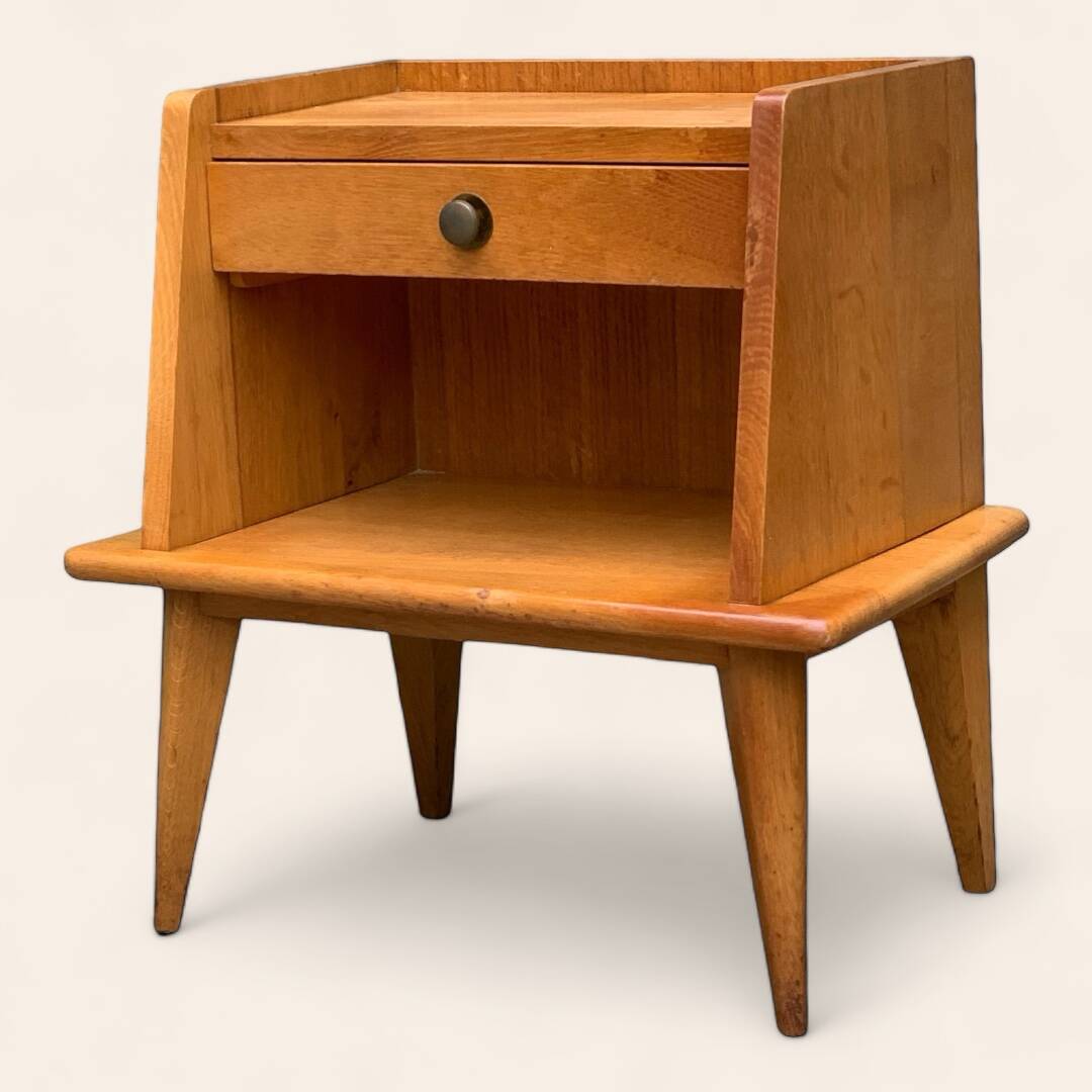 Solid oak compass feet bedside table 1950