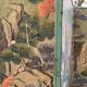 Wooden screen in Asian style, covered with Chinese wallpaper.