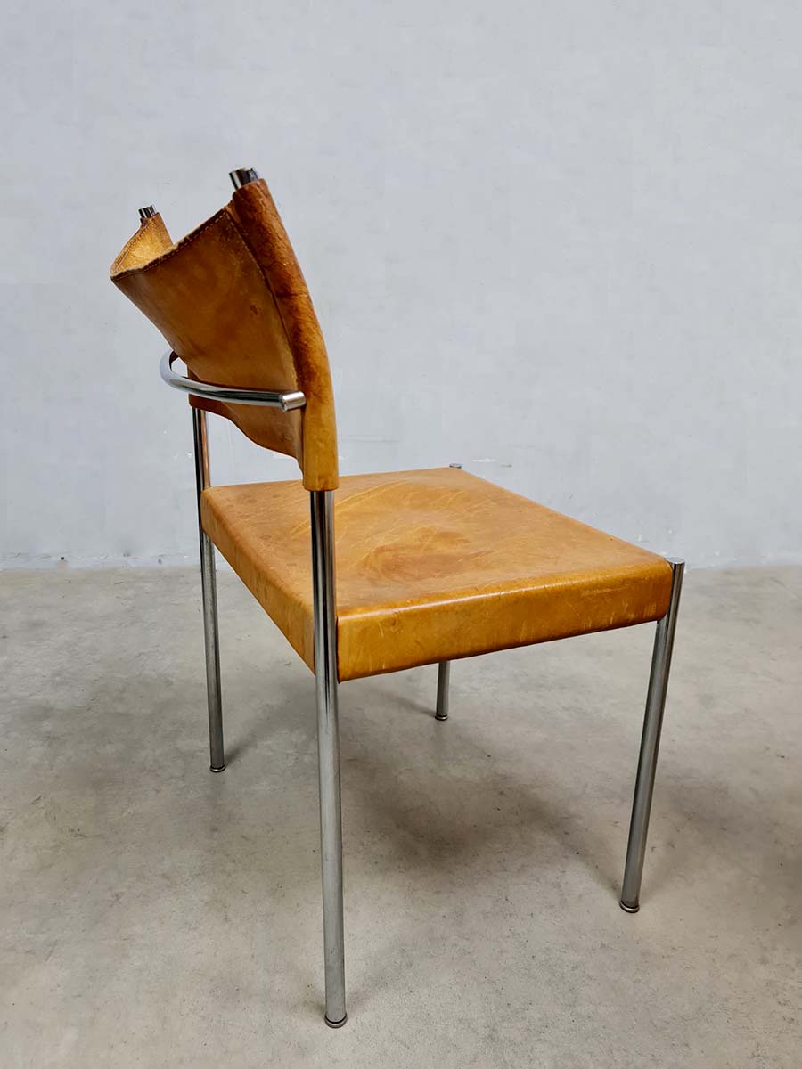 Vintage Dutch design chrome dining set leather chairs 'Minimalism'