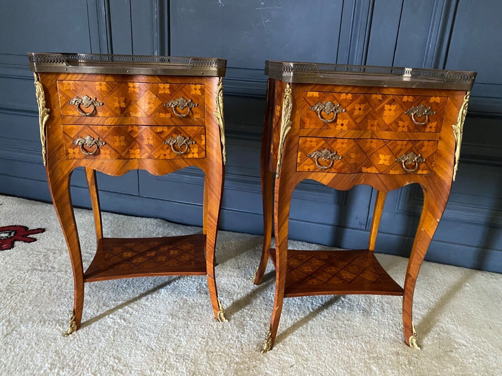 Pair of bedside tables Louis XV style marquetry with shamrocks and XXth bronze