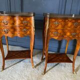 Pair of bedside tables Louis XV style marquetry with shamrocks and XXth bronze