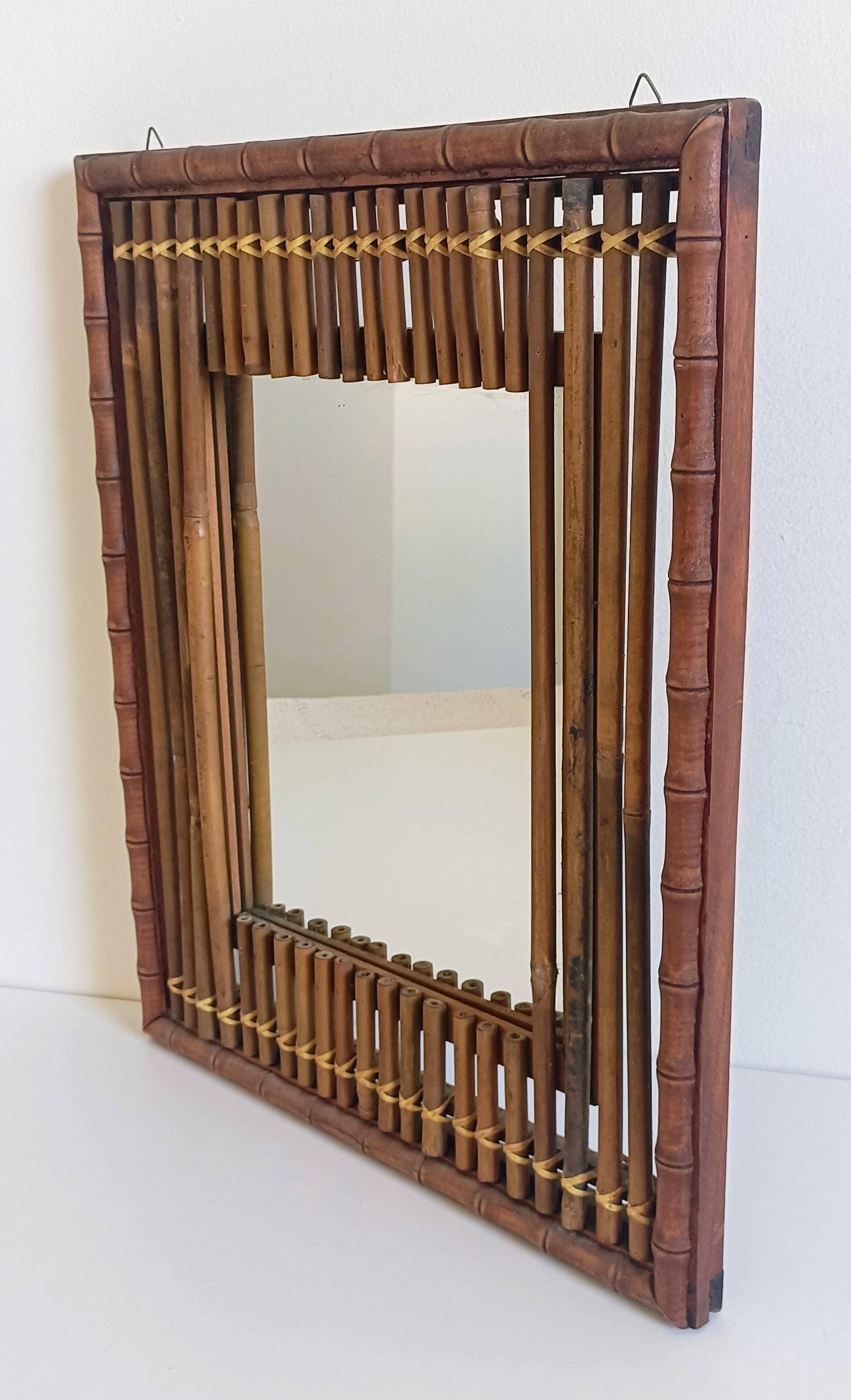 Antique French Art Deco Bamboo and Wood Wall Mirror, Early 20th Century