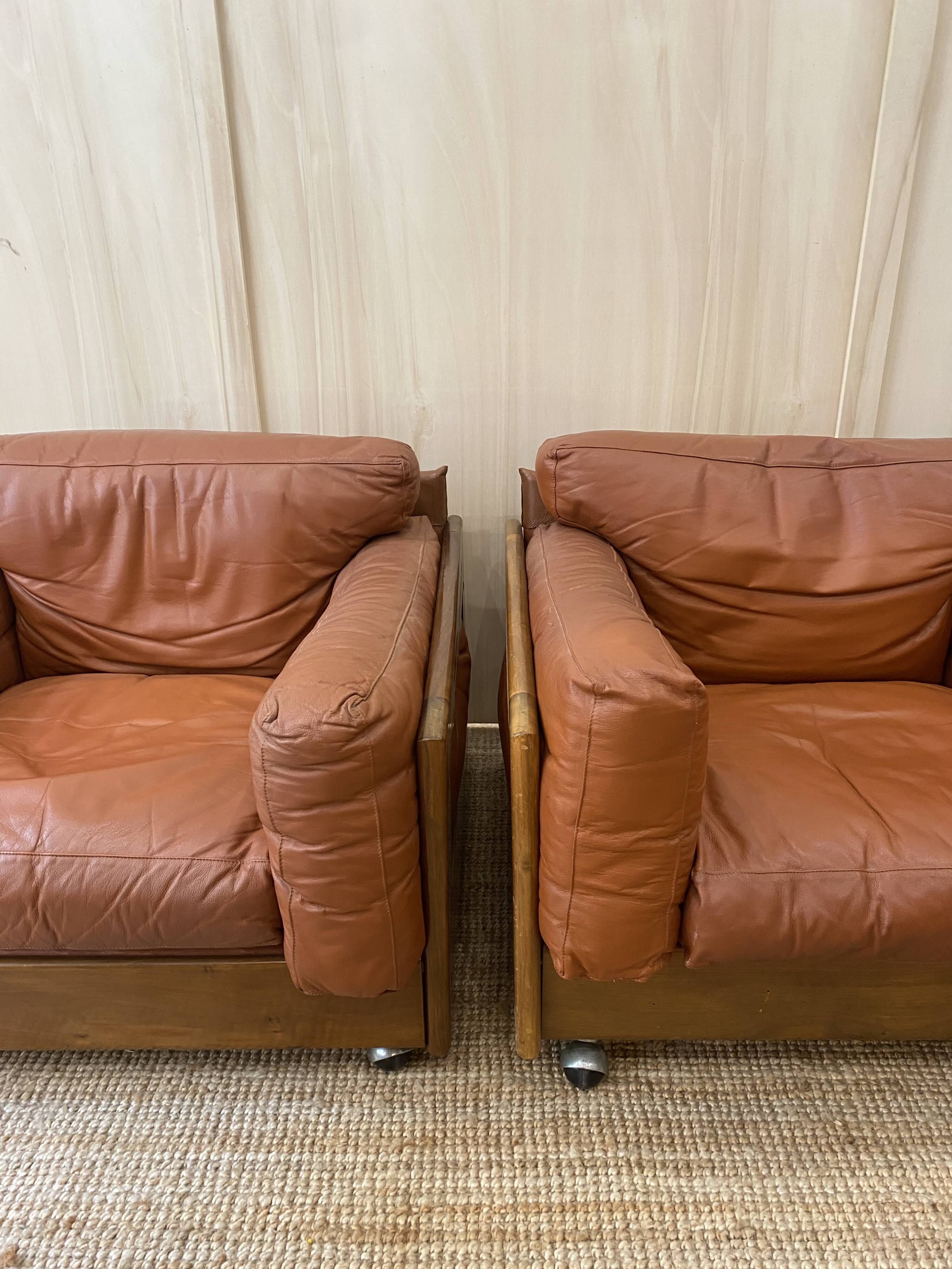 Pair of Cognac Leather Club Armchairs & Wood - Italian Design - 1970s