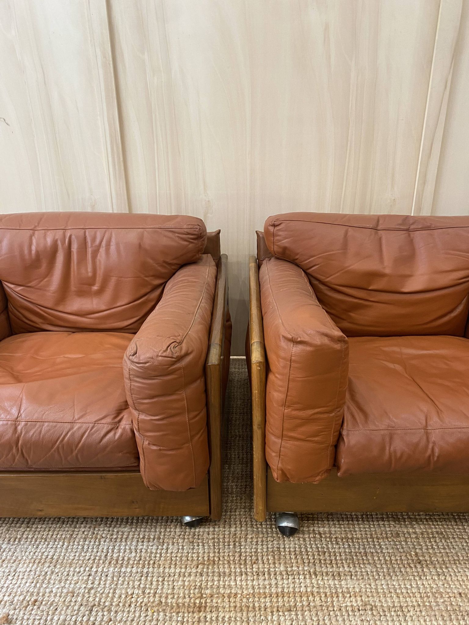 Pair of Cognac Leather Club Armchairs & Wood - Italian Design - 1970s