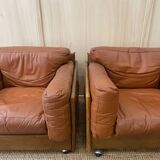Pair of Cognac Leather Club Armchairs & Wood - Italian Design - 1970s
