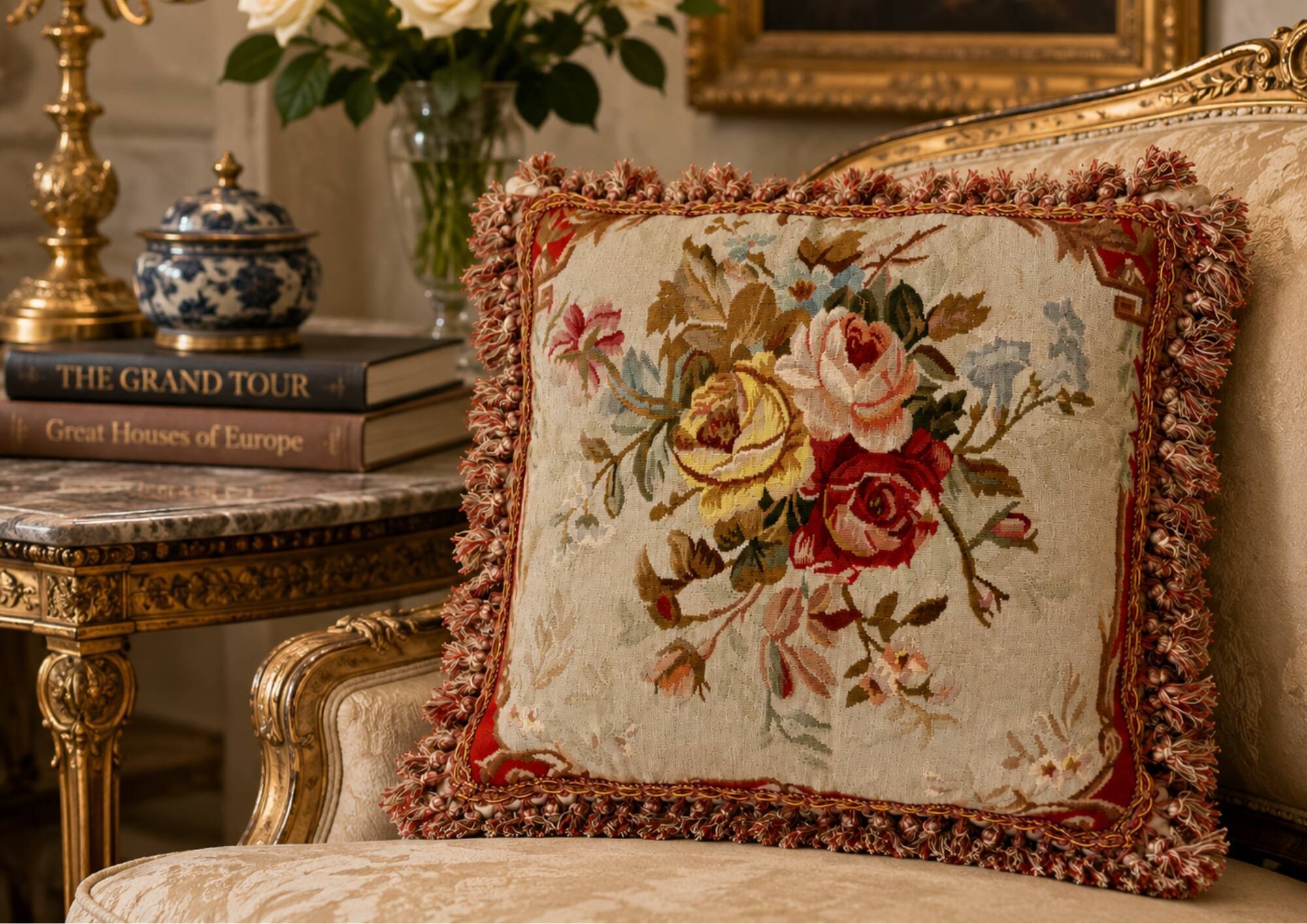 French Style Aubusson Floral Tapestry Cushion, Rose Bouquet & Tassel Fringe