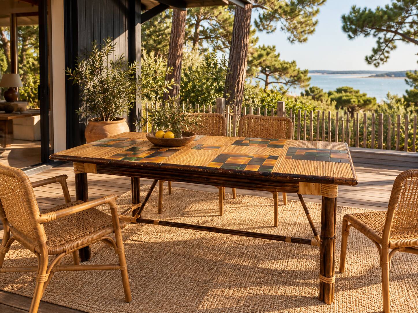 Dining table in stained rattan, bamboo and ceramic - audoux & minet