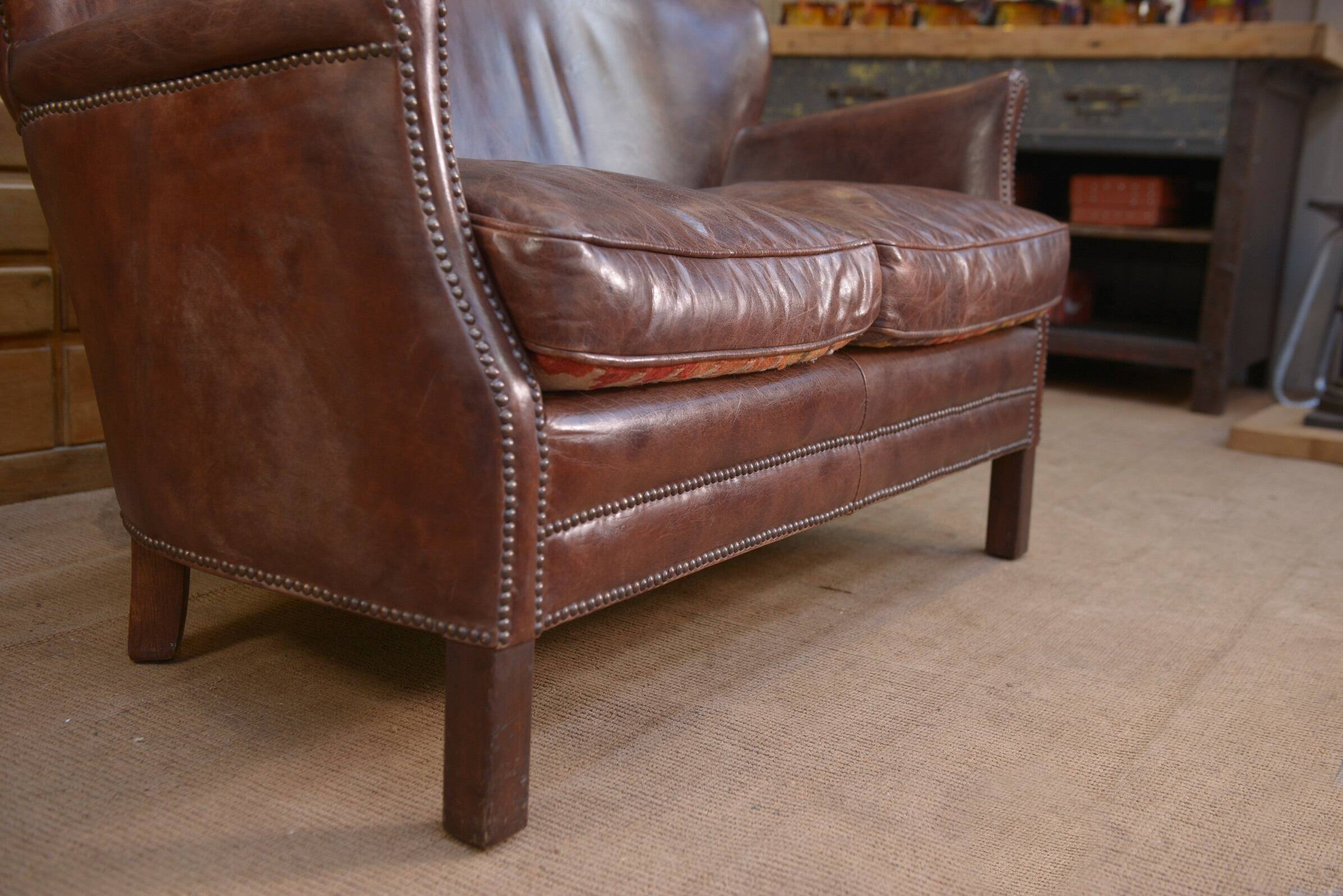 Small Vintage Bench Sofa Studded Leather Sofa 1970s